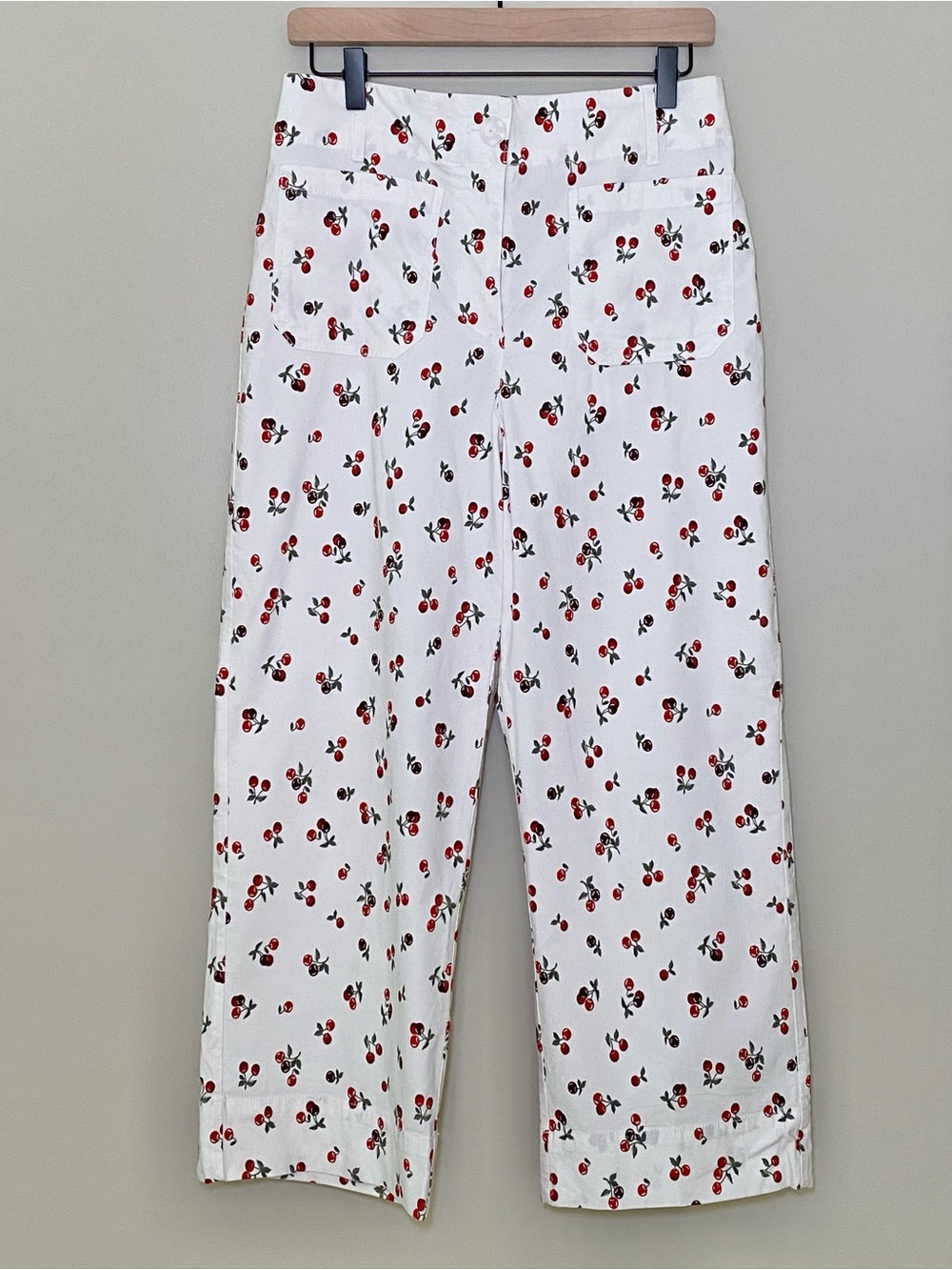 Retro Cherry Print High Rise Wide Leg Cropped Pants White Red Size 8 Cottagecore